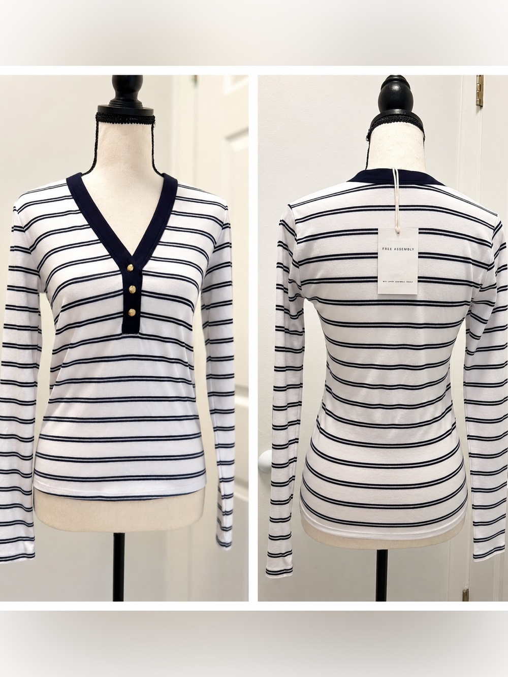 Free Assembly Women’s White & Navy Striped V-Neck Henley Top NWT XS (US 0-2)